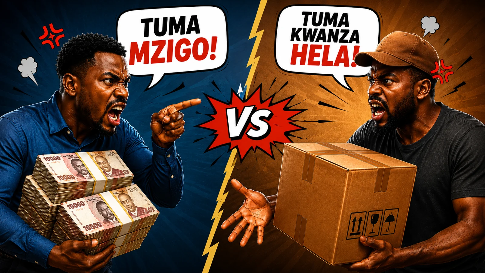 Watu wawili wakibishana kuhusu kutuma mzigo au kutuma hela kwanza, hali inayosaidiwa na Linda Muamala ya Zebest.